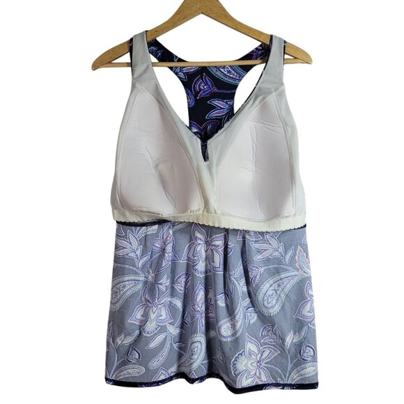 Lands' End Tankini Swim Top Blue SZ 24W Racerback Shelf Bra Paisley Flutter Hem - Picture 6 of 8
